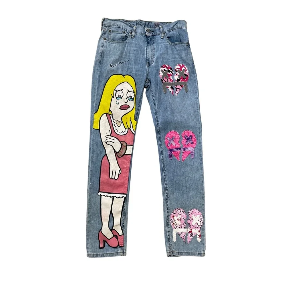 Naes Garden Levi's Jeans W32 L34‎ Custom Painted Cartoon Heart Denim Unique Art
